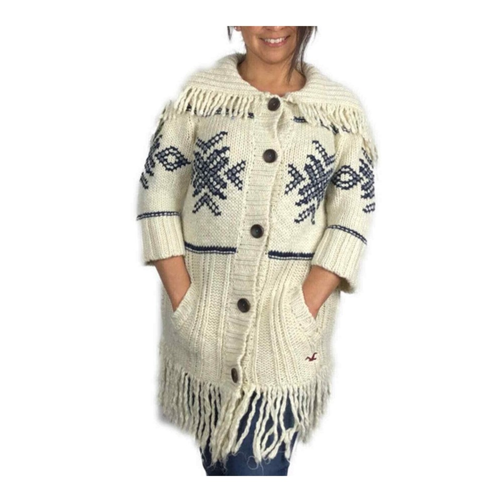 Hollister Womens Wool Cardigan Size XS/S Fringe Thick Tribal 3/4 Sleeve Bohemian